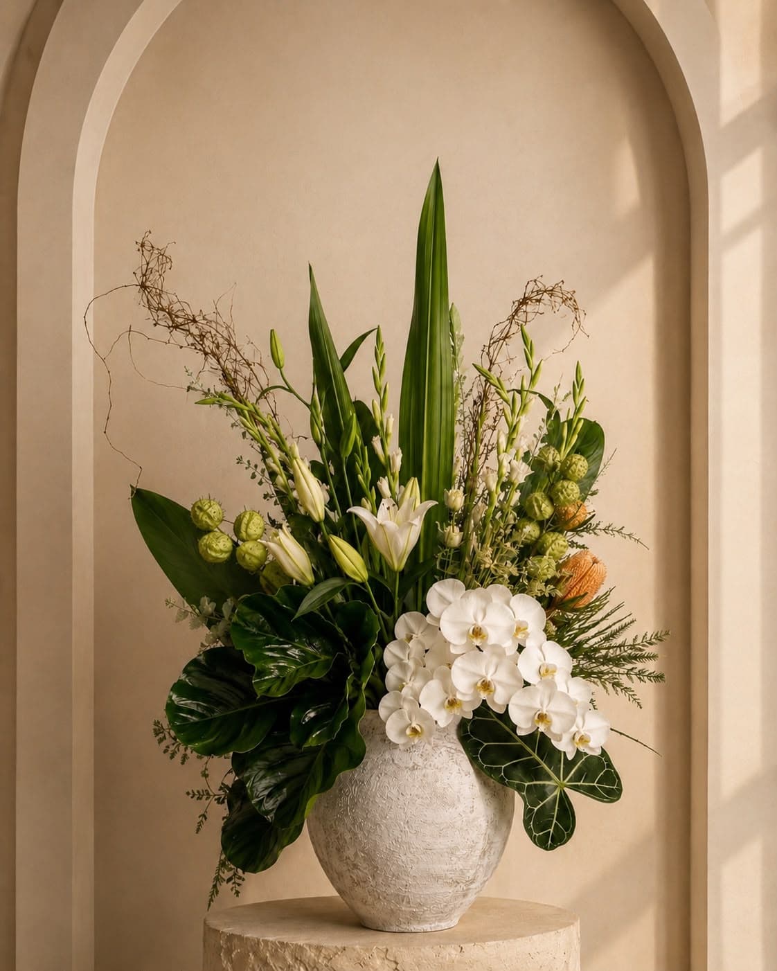 White and green orchid arrangement